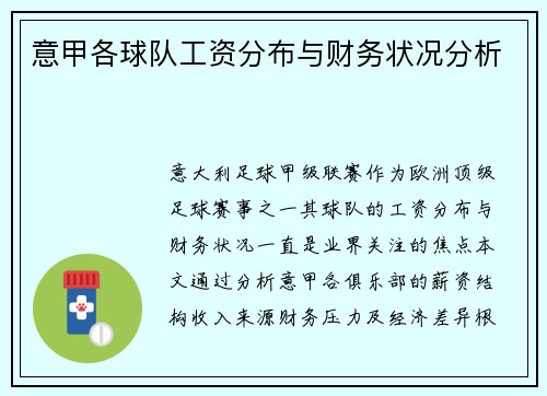 意甲各球队工资分布与财务状况分析