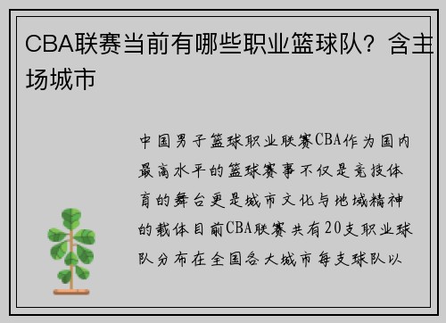 CBA联赛当前有哪些职业篮球队？含主场城市