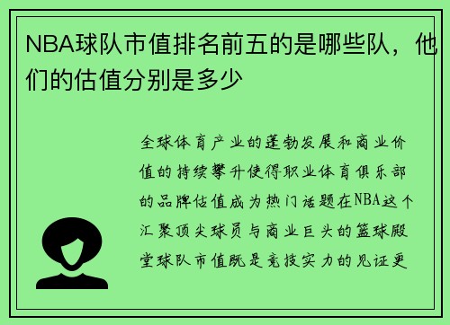 NBA球队市值排名前五的是哪些队，他们的估值分别是多少